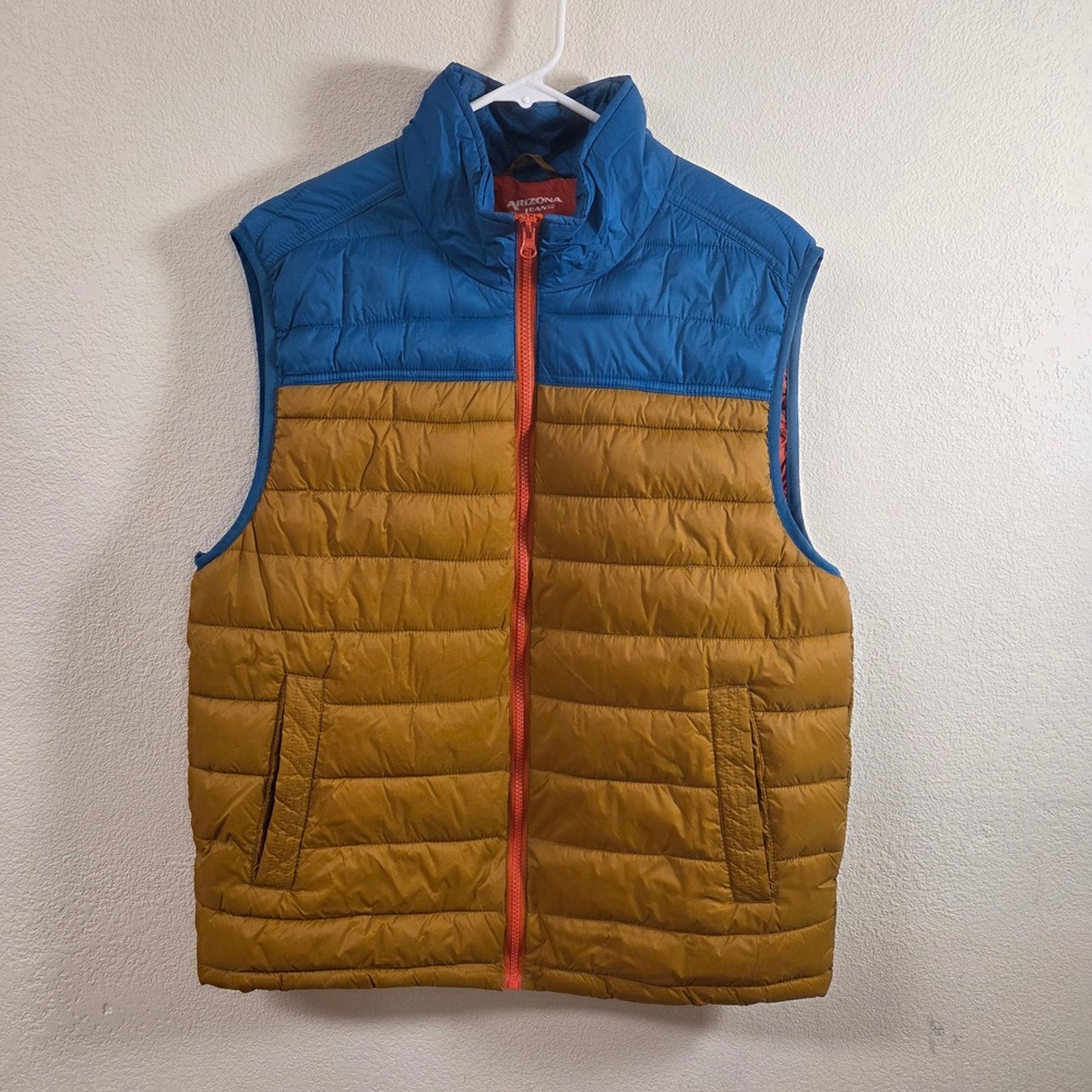 Arizona Jean Co Mens Puffer Vest Blue Mustard Yellow Colorblock Size M Full Zip